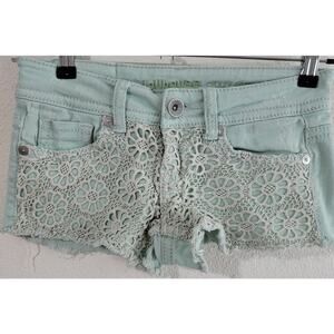 Dollhouse Crazy Sexy Cool Mint Green Crochet Denim Shorts 3 Distressed Soft